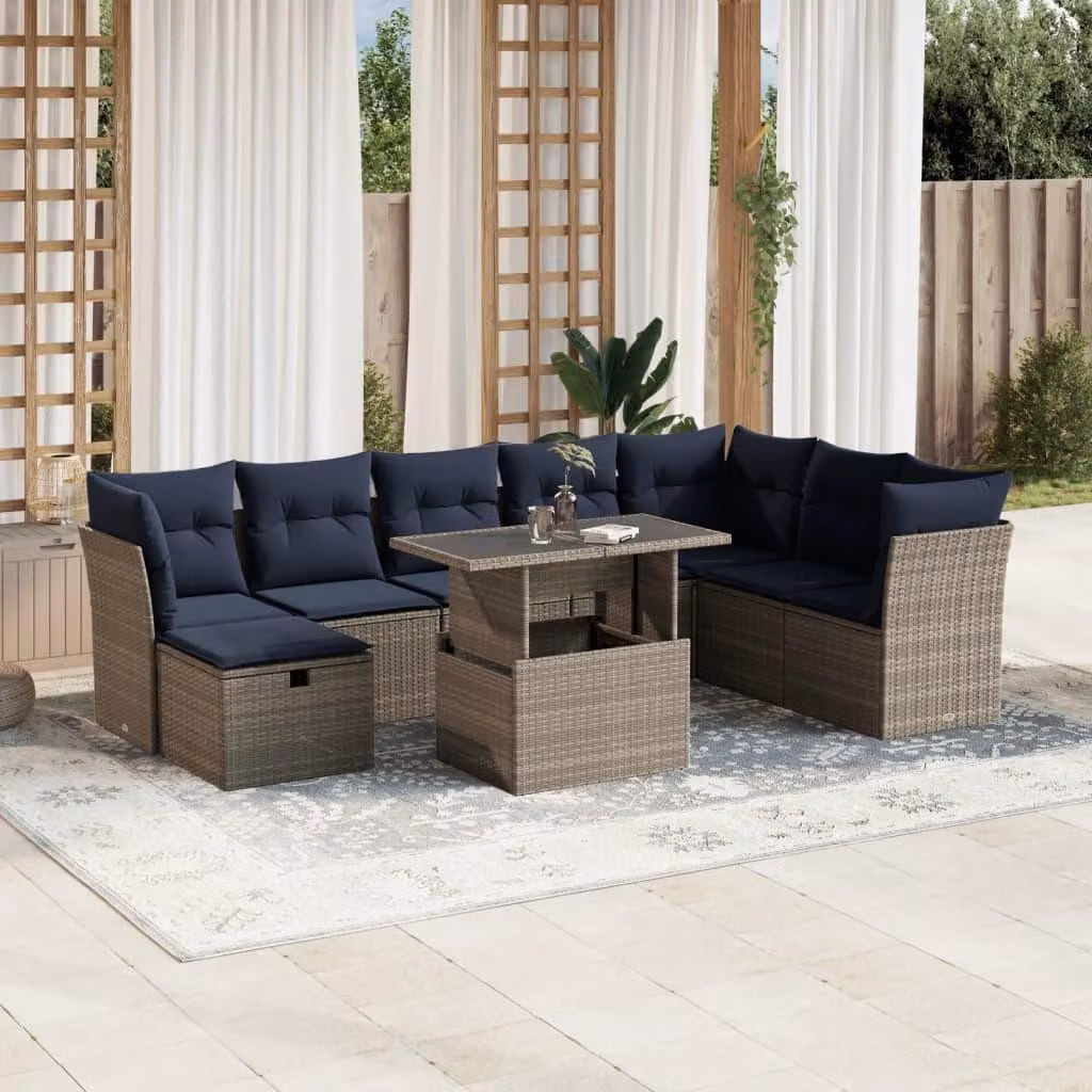 Maison Exclusive - Set di 9 pezzi per giardino con cuscini, grigio, polyrattan