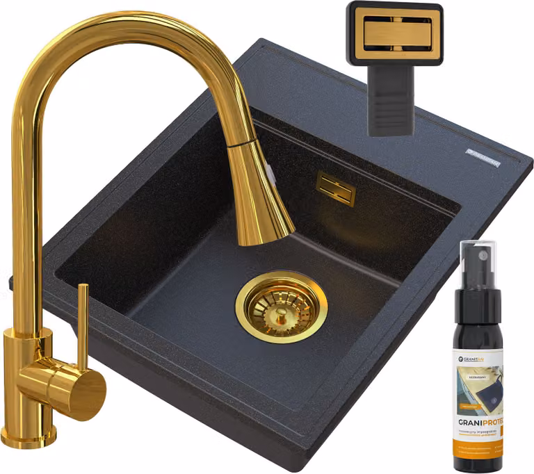 Granitan - Lavello in granito - Lavandino 50x40 cm - Lavello nero-oro - con miscelatore SNAKE - ALOR