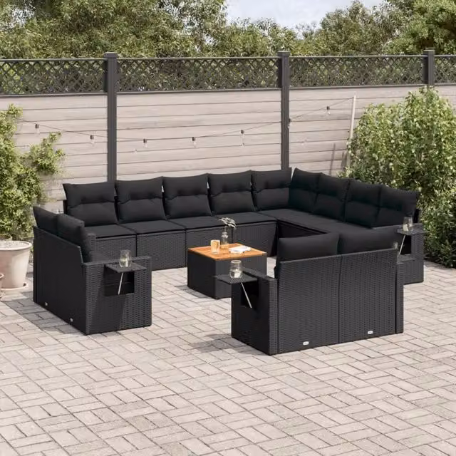 Set di Divani da Giardino VIDAXL a Forma di U in Polyrattan Nero con 13 Cuscini – 1