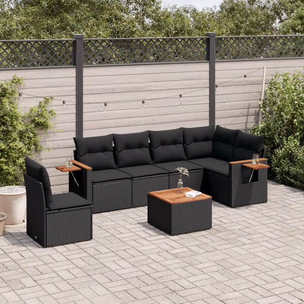 vidaXL Set Divani da Giardino a L con Cuscini 7pz in Polyrattan Nero e Legno di Acacia – 1