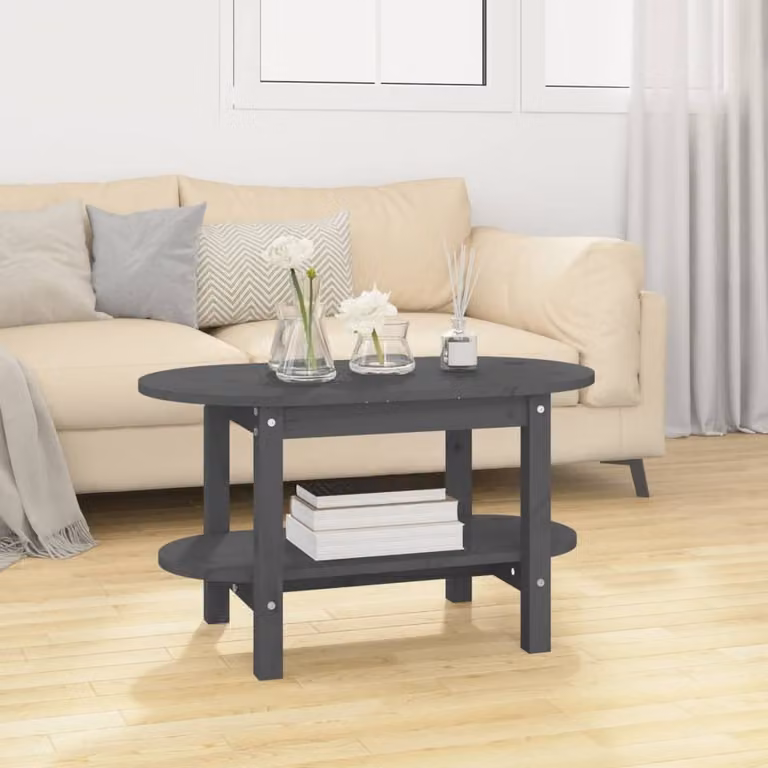 The Living Store Tavolino grigio 80x45x45 cm in legno di pino massiccio