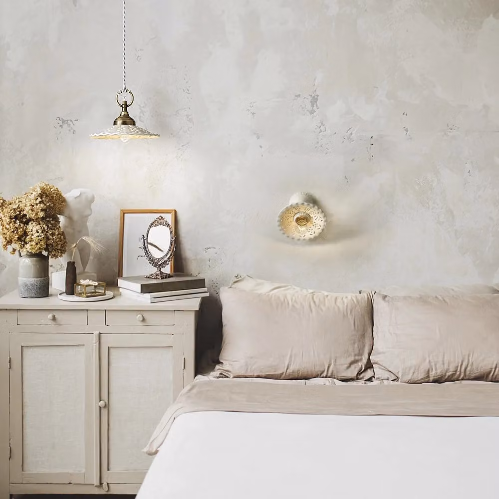 Lampada a sospensione MERLETTO Ceramiche Borso in ceramica bianca traforata e ottone, Ø 21 cm – 2