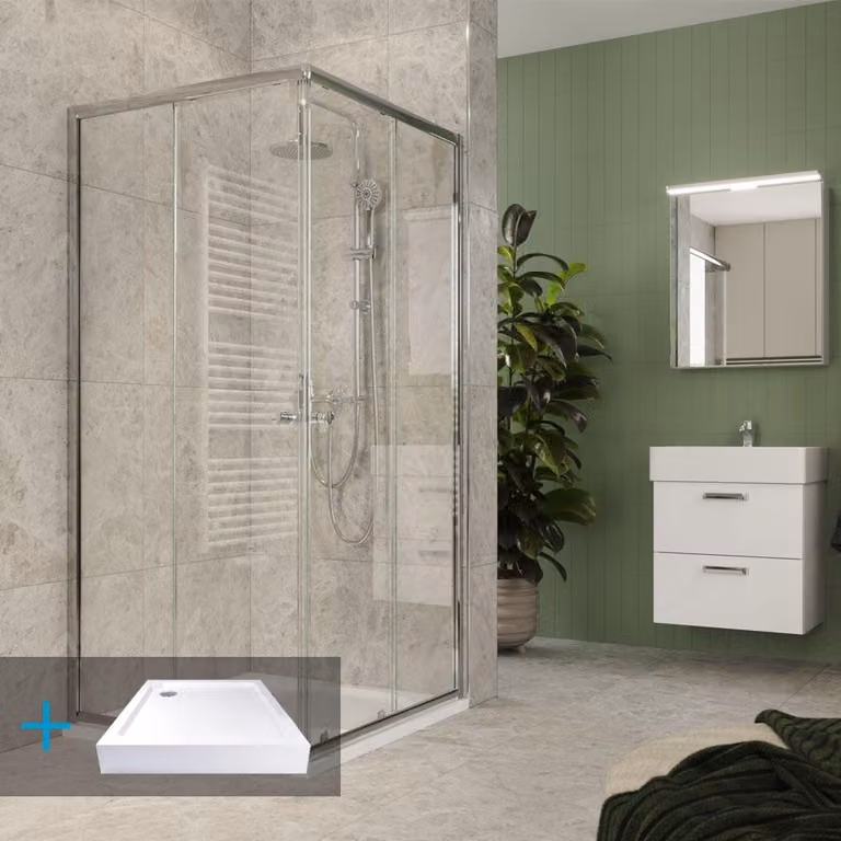 Set doccia Mereo Kora Lite: cabina doccia 80x80x185cm, cromo ALU, vetro trasparente, 80 cm, piatto, sifone - CK34133ZH
