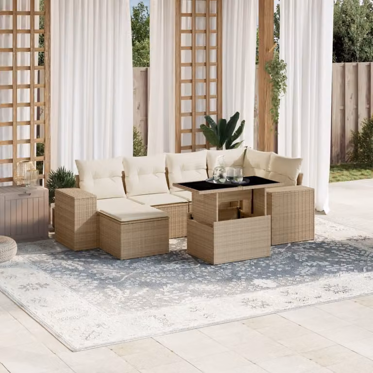 Set di divani da giardino vidaXL in polyrattan beige con cuscini e tavolino da esterno a forma di L