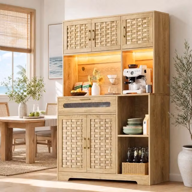Mobile alto multifunzione 120x40x180 cm con ante in MDF intrecciato, illuminazione LED e sistema regolabile