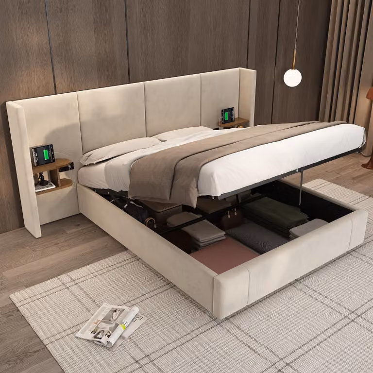 okwish Letto imbottito, letto largo 160 x 200 cm con porta USB, con cassetto, letto contenitore idraulico con contenitore sotto il letto (senza materasso) - Beige