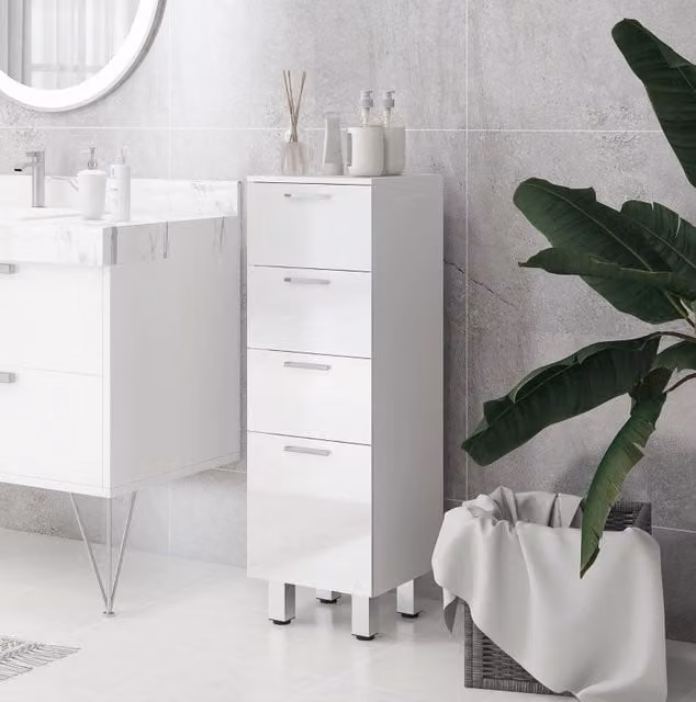 Mobile bagno stretto con 4 cassetti e piedini regolabili 30 x 30 x 93 cm bianco
