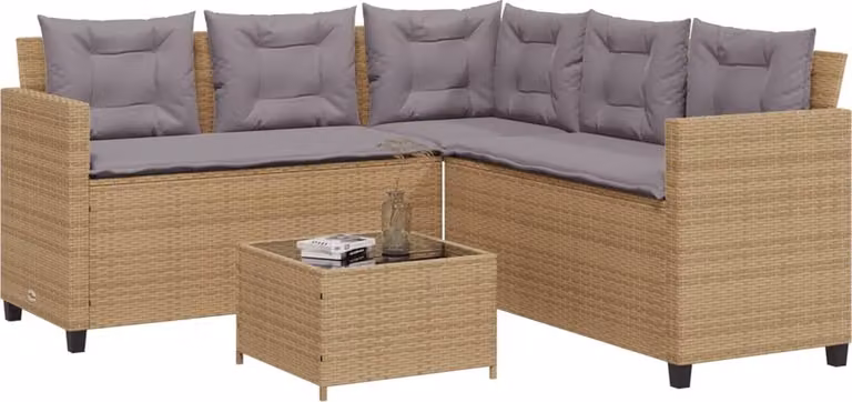 Divano da Giardino con Tavolo e Cuscini a L Beige in Polyrattan