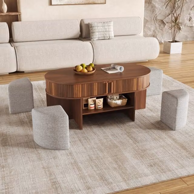 Set da soggiorno WISHDOR composto da tavolino da caffè ovale con contenitore e sgabelli rivestiti in tessuto, finitura marrone noce e dettagli in legno e metallo