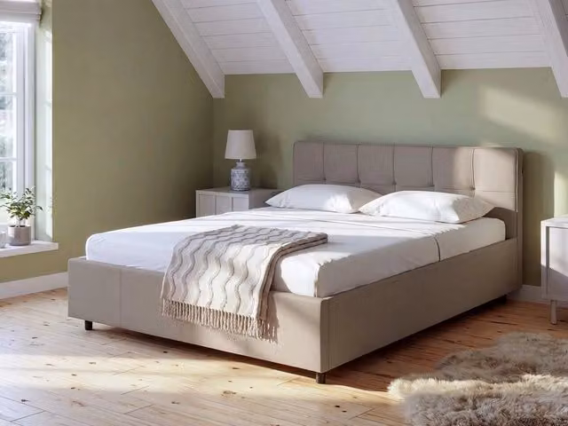 Letto con rete rivestito in tessuto tortora con contenitore 140 x 200 cm, design moderno