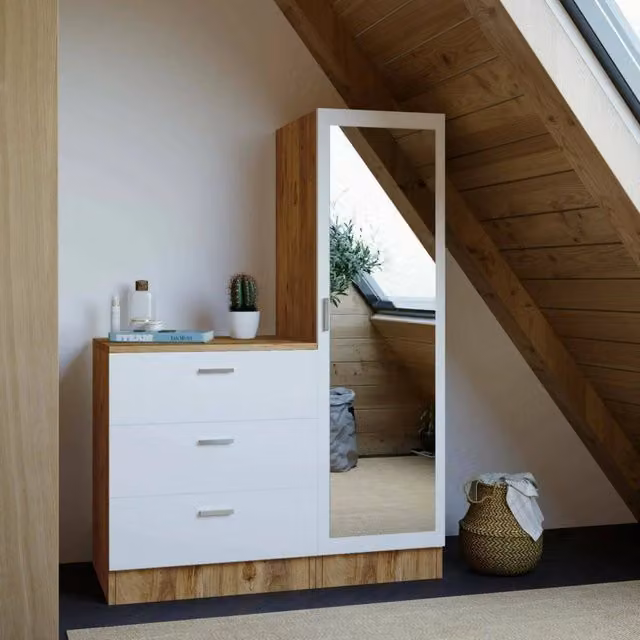 Mobile da ingresso Jaime DMORA, consolle multifunzione con specchio, colore Quercia e Bianco, L: 60 cm, P: 47 cm, H: 72 cm – 1