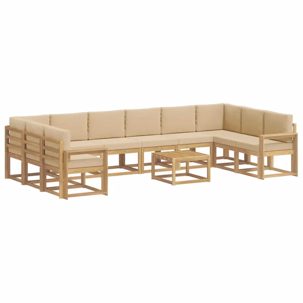 Set di divani da esterno vidaXL a forma di L composto da 11 pezzi in legno di acacia con cuscini bianchi e beige – 2
