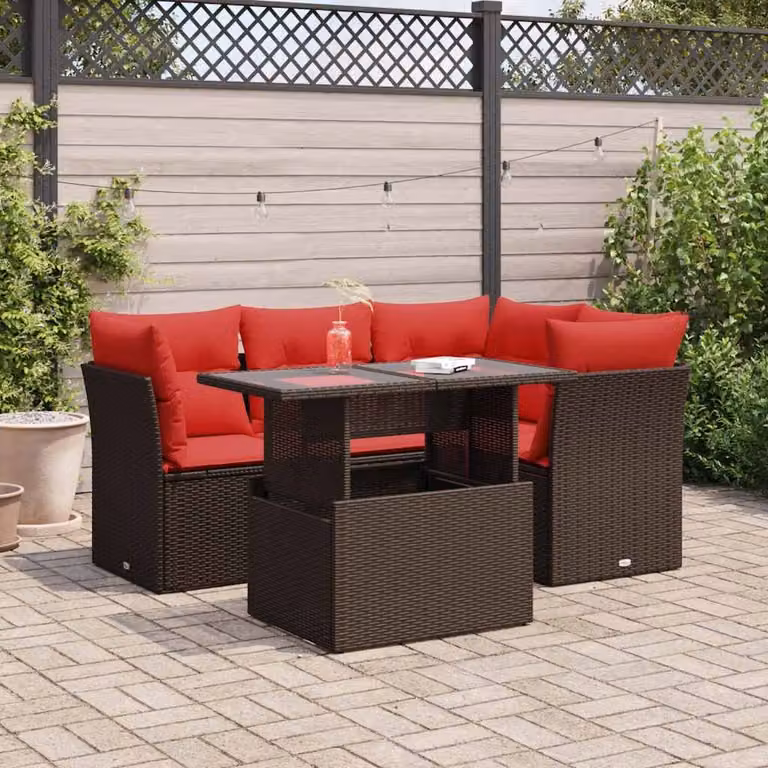 Set Divano da Giardino vidaXL a Forma di L in Polyrattan e Legno di Acacia con 5 Pezzi, Colore Marrone e Rosso, Comprensivo di Tavolino e Cuscini con Rivestimenti Rimovibili