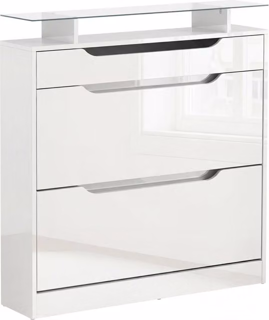 Scarpiera Salvaspazio Slim Xylo Bianco Lucido con 2 Ante a Ribalta e Cassetto per 16 Paia di Scarpe, L/P/H: 89 x 23 x 96 cm