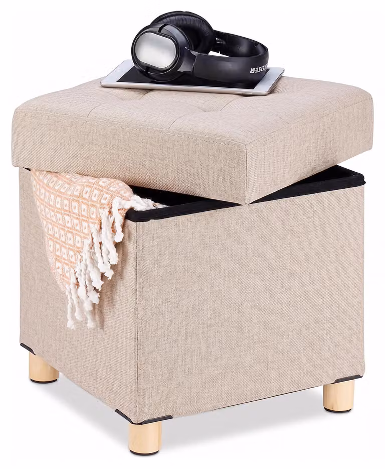 Pouf imbottito con spazio contenitore, color beige, dimensioni 38x38x40 cm