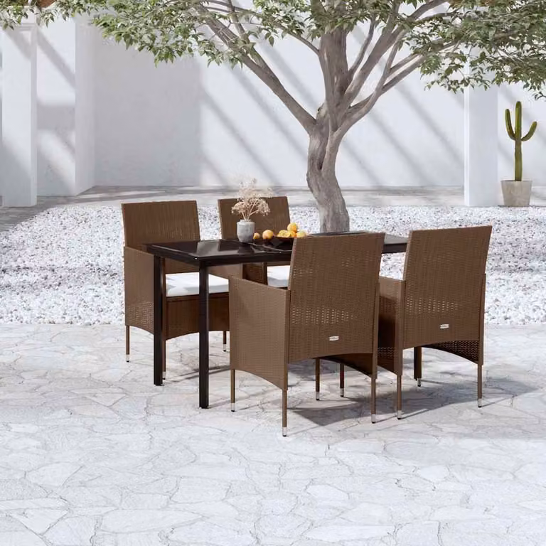 Set da pranzo da giardino vidaXL in polyrattan con tavolo in vetro e 5 pezzi, Marrone e Nero