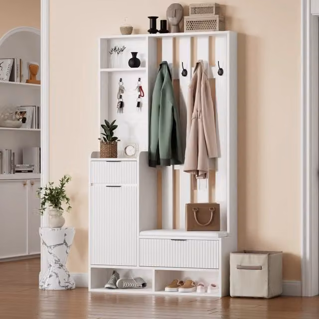 Mobile ingresso moderno bianco con scarpiera, panca e 8 ganci, L: 100 cm, H: 180 cm, P: 43 cm