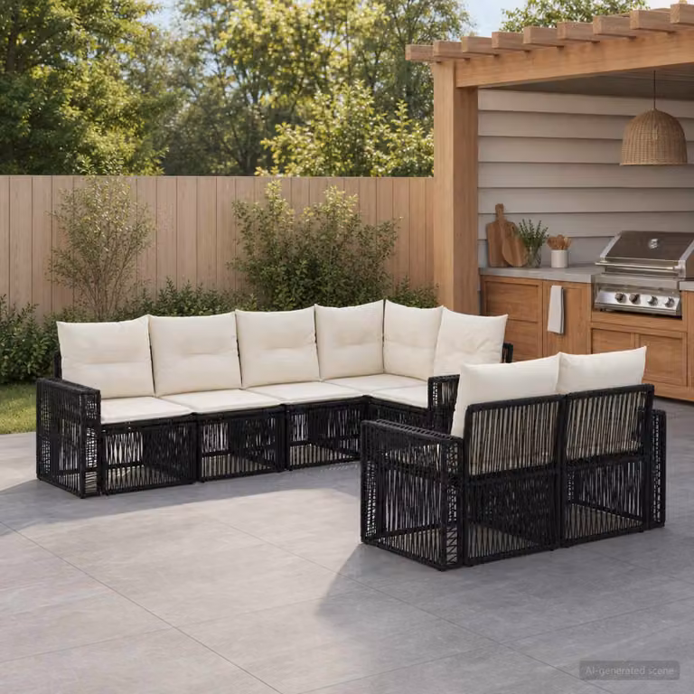 Set Divano da Giardino vidaXL a 7 posti con struttura in acciaio e cuscini inclusi, design moderno a forma di U, disponibile in nero, bianco o beige