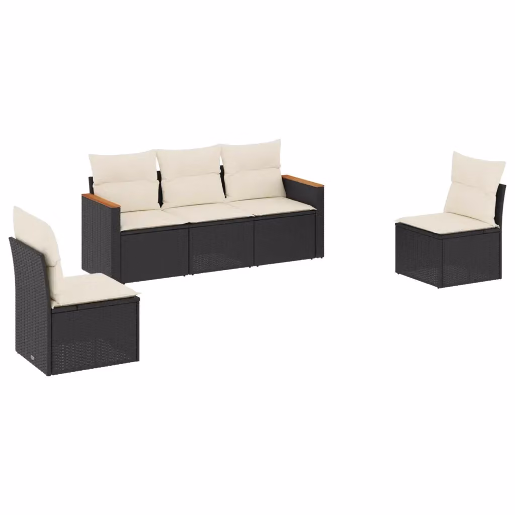 vidaXL Set Divani da Giardino 5 pz in Polyrattan e Legno di Acacia con Cuscini Bianchi e Nero – 2