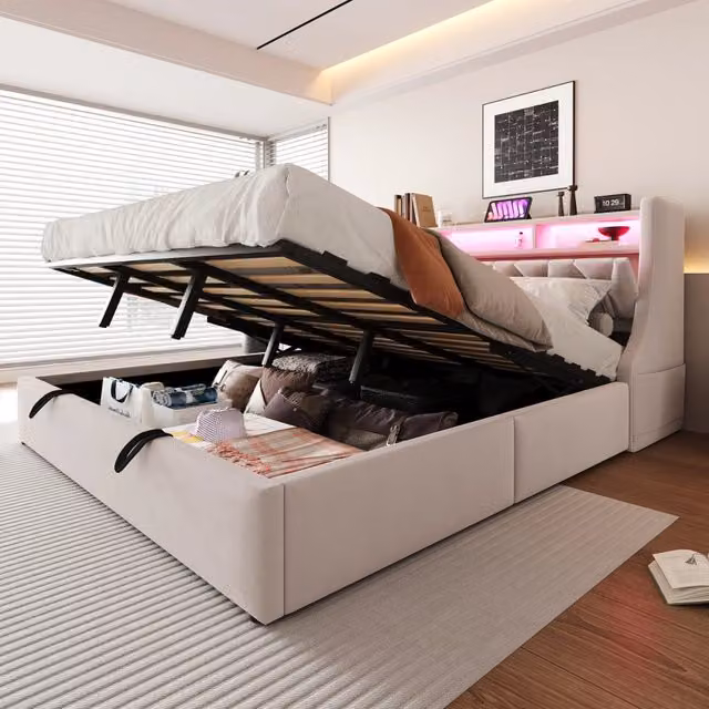 Letto imbottito 180x200 cm con contenitore idraulico; testiera ribaltabile; LED; USB e Type-C; beige