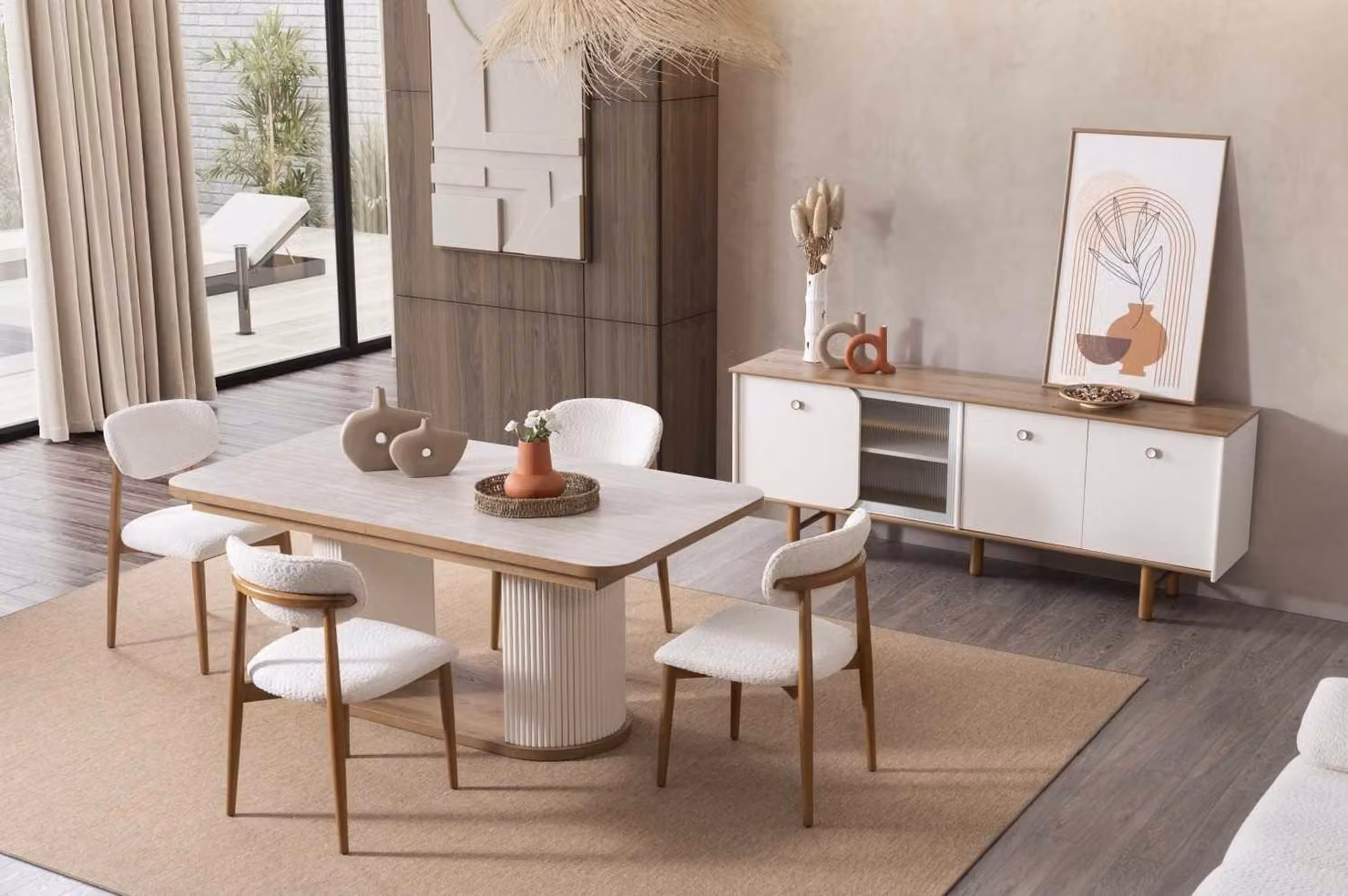 Tavolo da pranzo, 4 sedie, credenza, sala da pranzo, stile moderno, colore marrone e bianco, nuovo