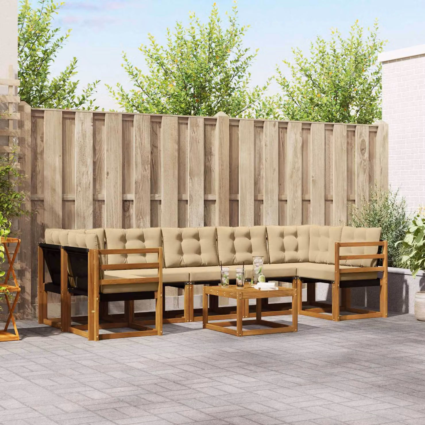 Set di divani da esterno vidaXL 8 pz in legno di acacia con tavolo da caffè e cuscini, Beige e Marrone