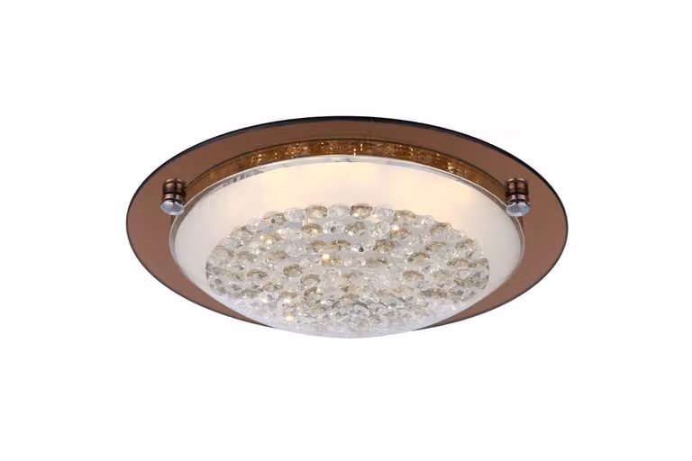 Globo Lighting plafoniera in metallo ambra, bianco, vetro opalino, cristalli K5 chiari, bordo a specchio, ø: 315mm, H: 90mm, incl. LED 12W 230V, sorgente 1237lm, potenza 1040lm, 3100K
