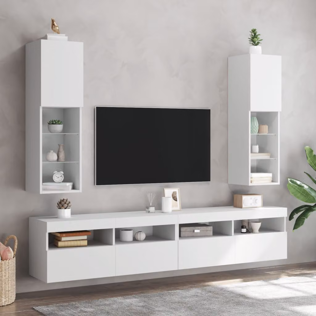 Set di 2 mobili porta TV moderni vidaXL con luci LED integrate, colore bianco, L/P/H: 30,5 x 30 x 102 cm – 1