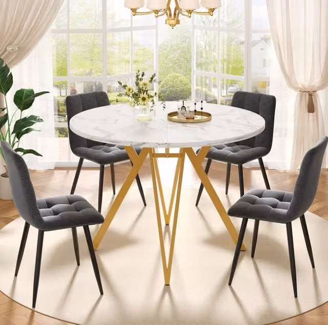 Set da pranzo 100x100x76 cm con 4 sedie; tavolo rotondo multifunzione in MDF grigio e oro