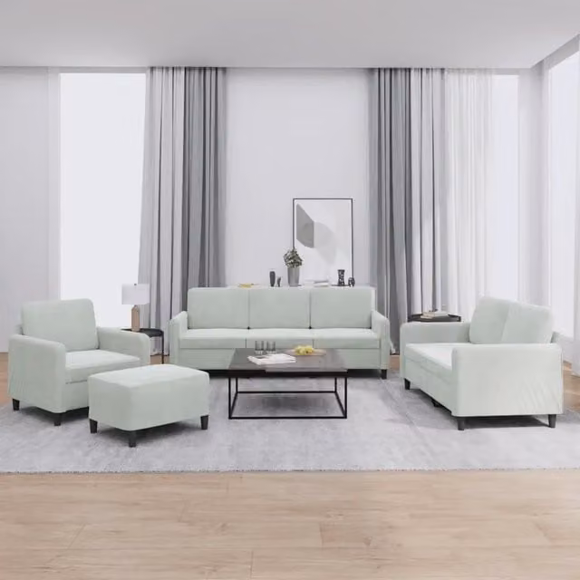 Set di divani 4 pezzi vidaXL in velluto grigio con pouf e cuscini per soggiorno moderno