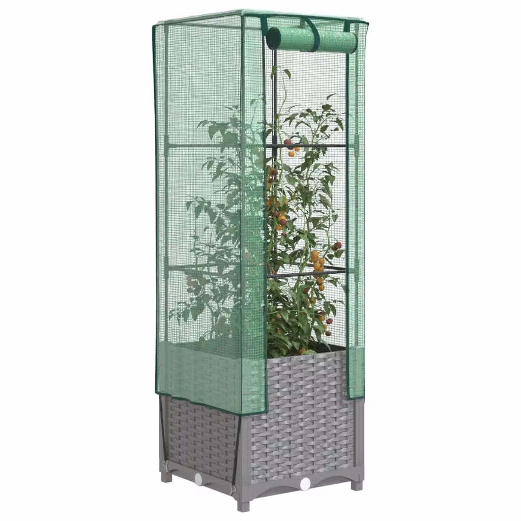 vidaXL Letto Rialzato con Copertura Serra Effetto Rattan Grigio e Verde L/P/H: 40 x 40 x 139 cm