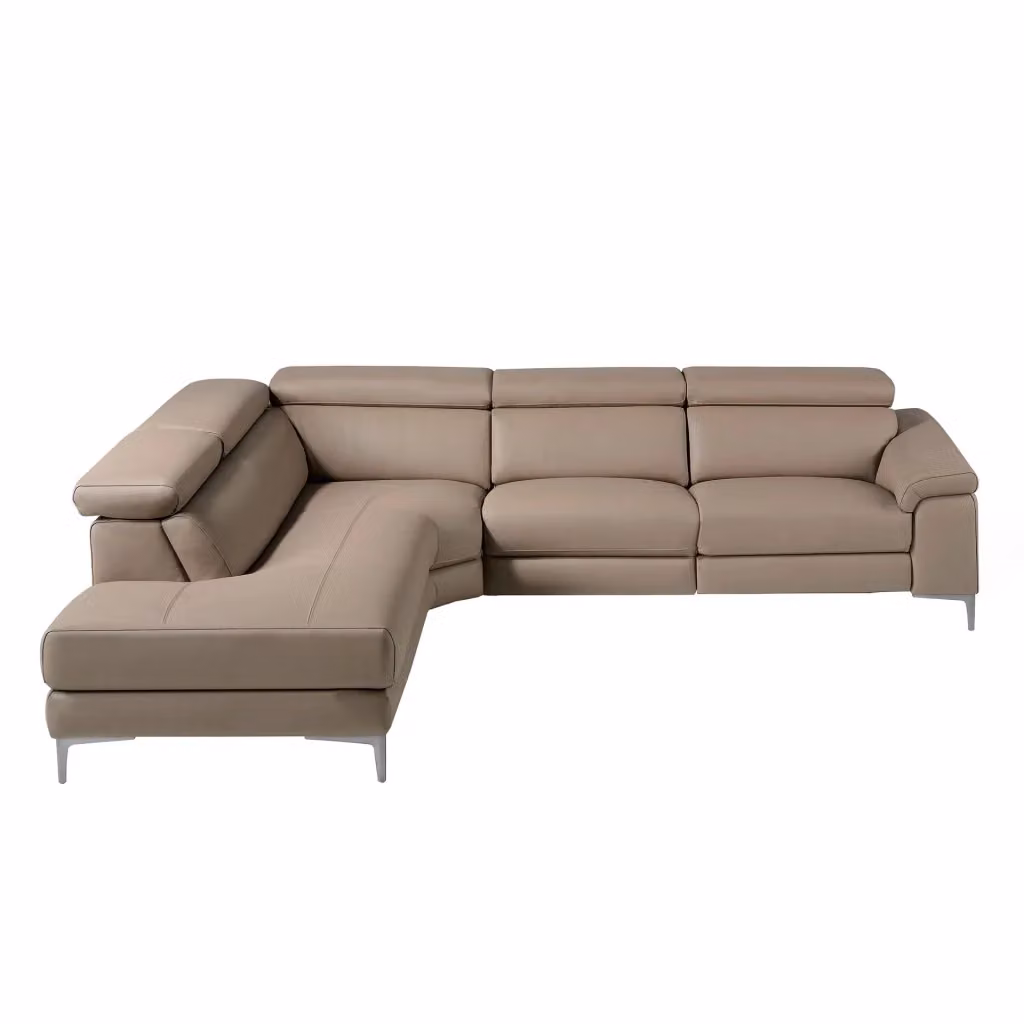 Divano relax moderno a L con chaise longue sinistra in pelle beige e marrone Angel Cerda S L con struttura in legno e metallo e poggiatesta regolabile – 2