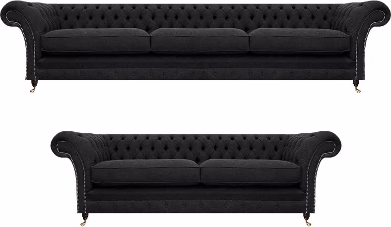 Chesterfield Set 2x Sofas Textil Polstermöbel Schwarz Sofagarnitur Komplett