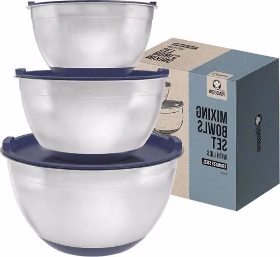 Set di 3 contenitori Chef Pomodoro in acciaio inossidabile blu marino con base antiscivolo in silicone, impilabili e lavabili in lavastoviglie, capacità 14 l, 28 l e 47 l