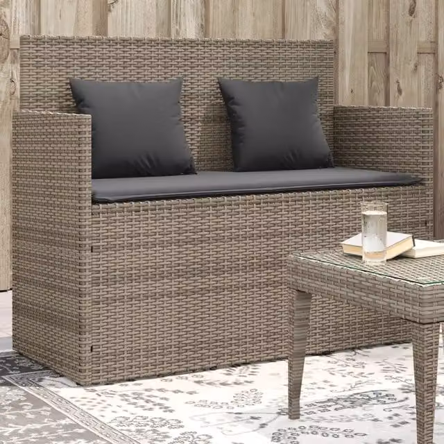 Panca da giardino moderna vidaXL in polyrattan grigia con cuscini L: 120 cm, P: 90,5 cm, H: 50 cm