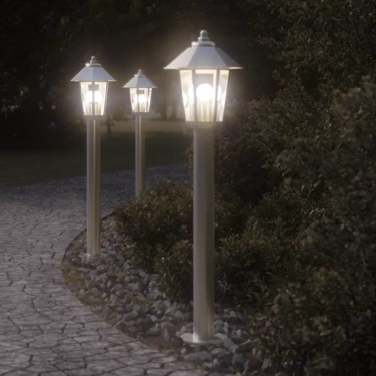 Set di 3 lampade da terra per esterni vidaXL in acciaio inox e plastica, colore argento, altezza: 80 cm