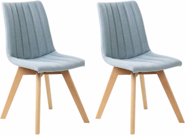 Set di 2 Sedie da Pranzo Tessuto azzurro e Gambe in Legno Imbottitura verticale Schienale curvo