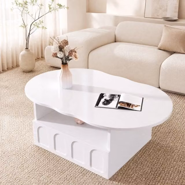 Tavolino basso fisso a nuvola con cassetto push to open e vano aperto bianco 100 × 60 × 40.5 cm