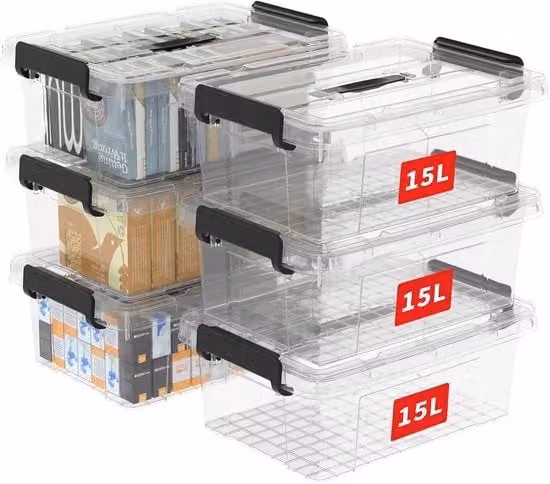 Set di 15 contenitori organizzatori in plastica trasparente Cetomo con coperchio, maniglia e chiusura a gancio, impilabili e nidificabili per casa e ufficio