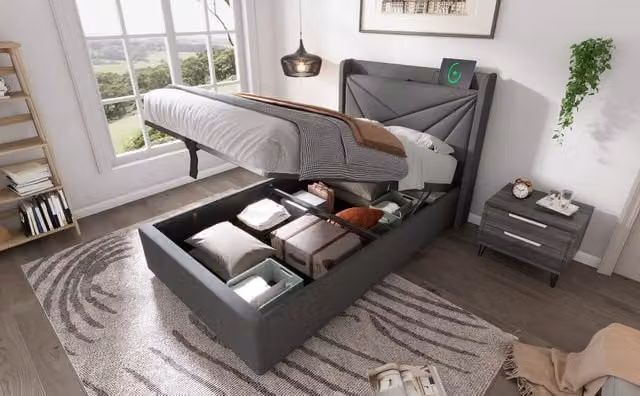 Letto singolo contenitore imbottito con testiera a USB/Tipo-C, doghe in legno, lino grigio, 90x200 cm, senza materasso