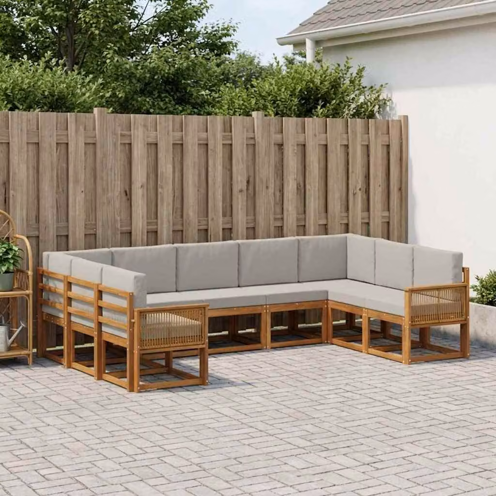 vidaXL Set di divani da esterno a L in legno di acacia con cuscini, 9 pezzi, Beige e Grigio