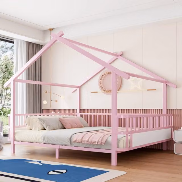 Letto per bambini in metallo a forma di casa, 140x200 cm, rosa