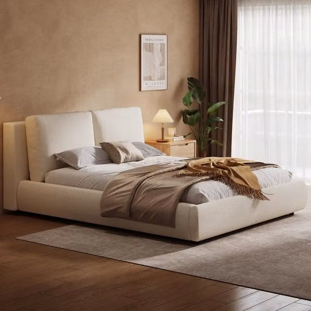 Letto contenitore 160 x 200 cm con contenitore idraulico e ripiani letto matrimoniale imbottito con rete a doghe in boucl¨¦ beige