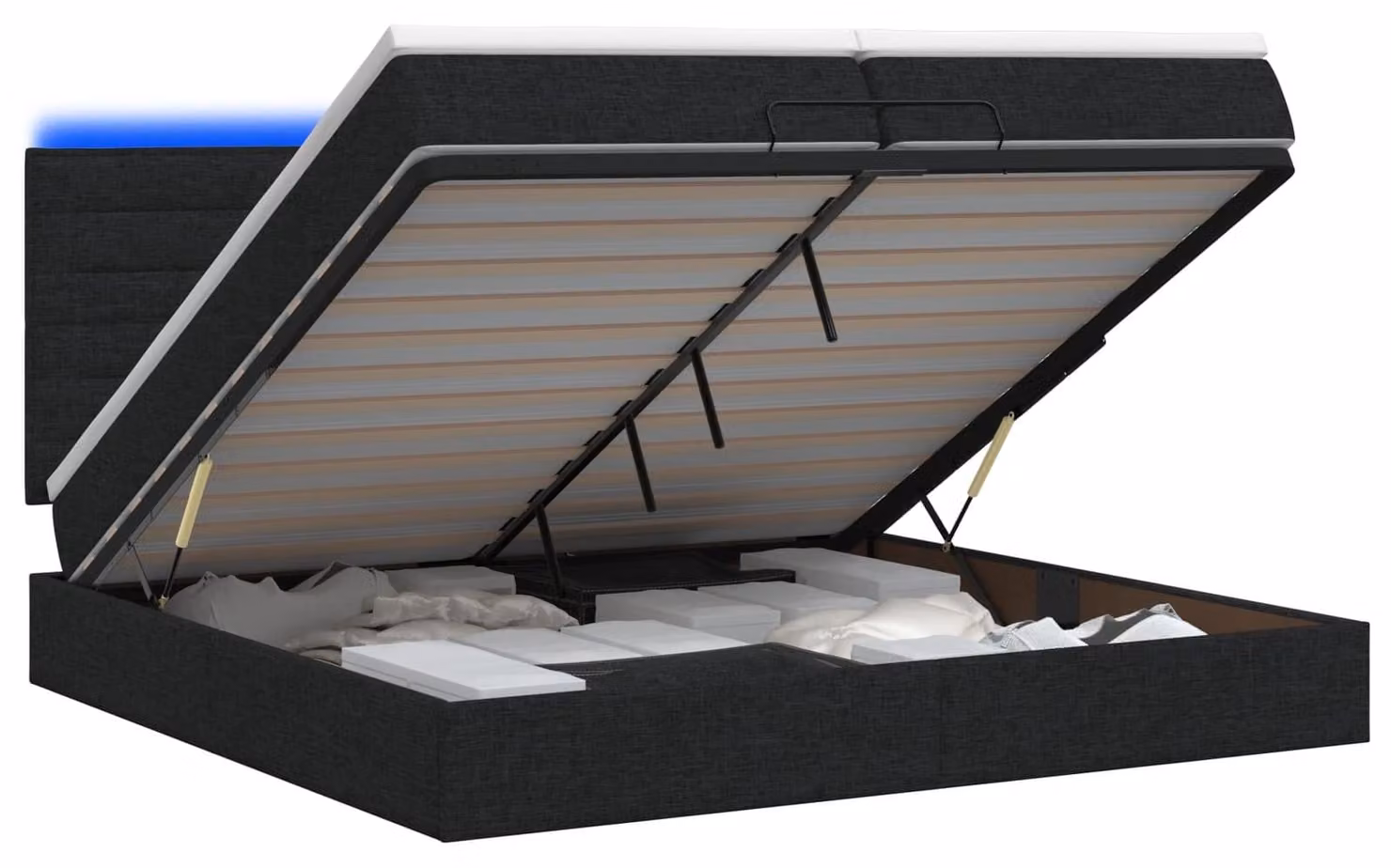 Panca contenitore con materasso e illuminazione LED, colore nero, dimensioni 200 x 200 cm, rivestita in tessuto