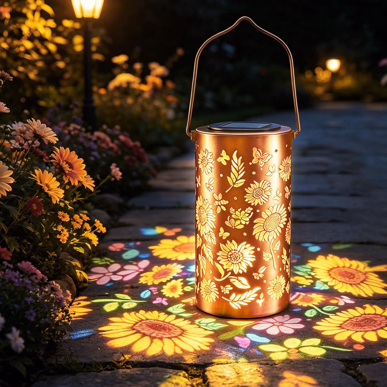 Lampada solare a forma di girasole, grado di protezione IP65, in metallo, colorata, per giardino e balcone
