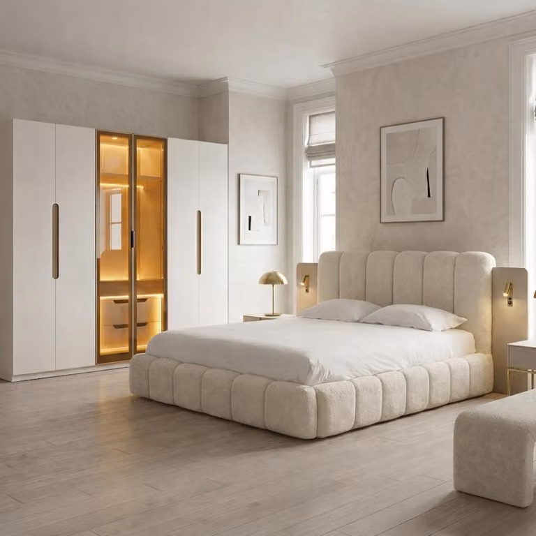 Elegante set da camera da letto beige con letto matrimoniale e ampio armadio, in stile lussuoso