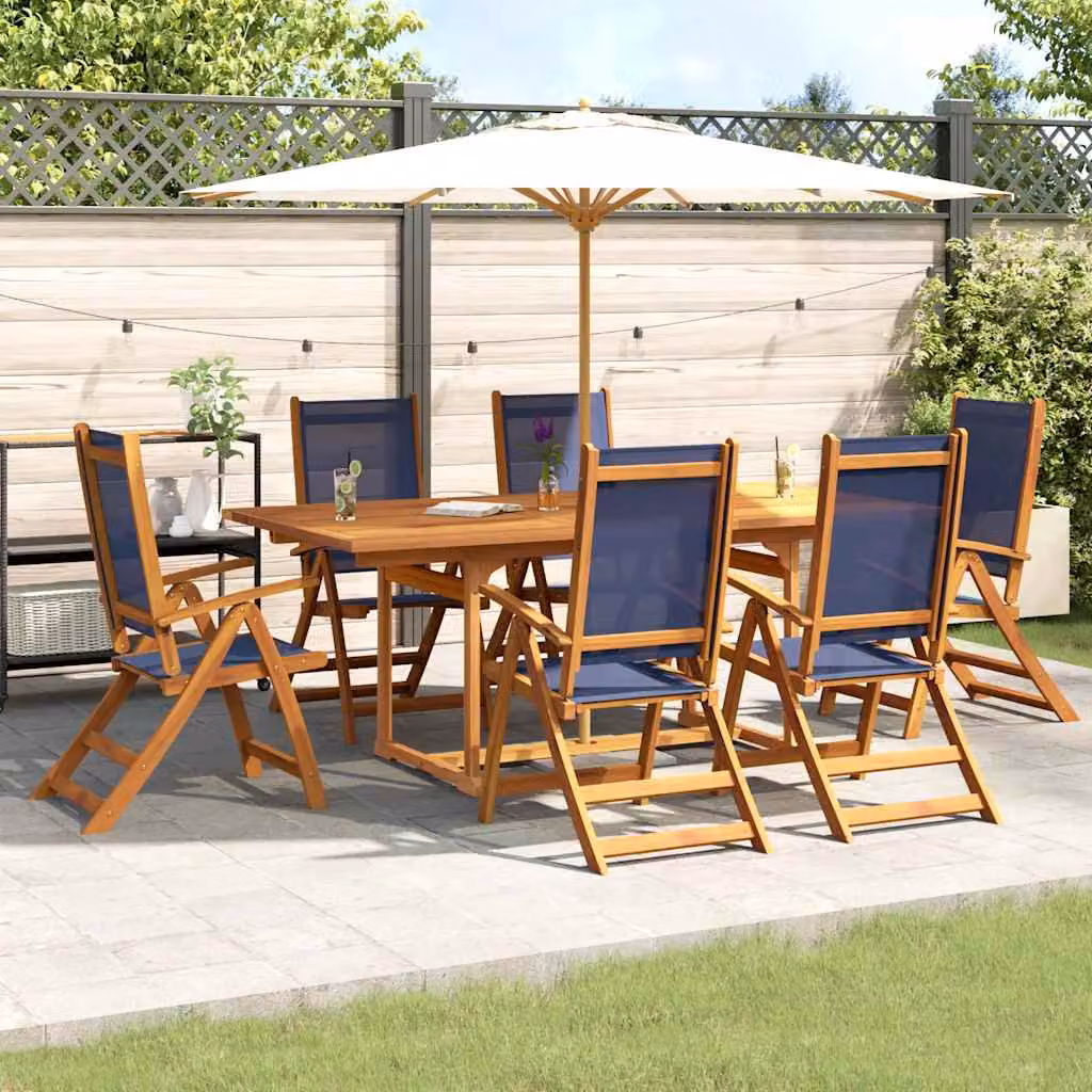 vidaXL Set Pranzo da Giardino 7pz in Legno di Acacia e Textilene, Colore Marrone e Blu – 1