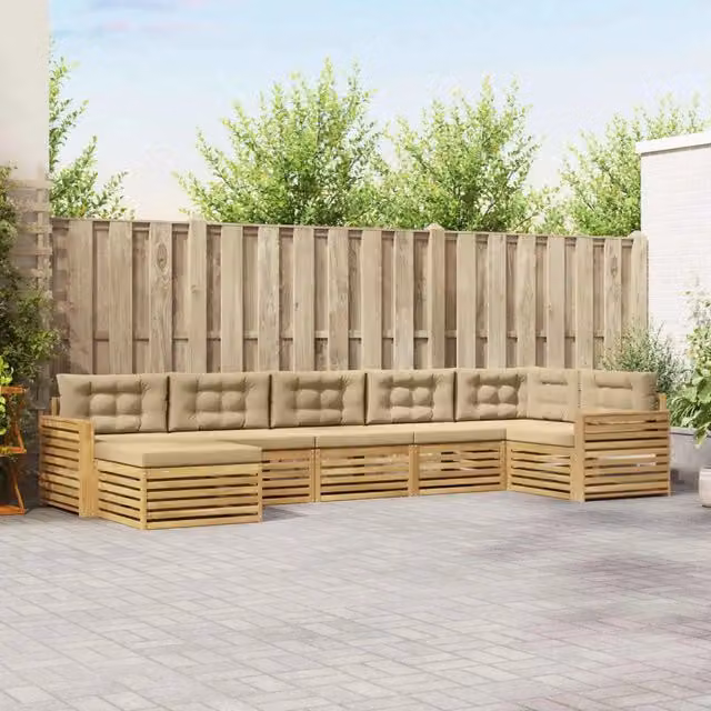 Set di divani da esterno vidaXL a forma di L composto da 7 pezzi in legno di acacia con cuscini bianchi e beige