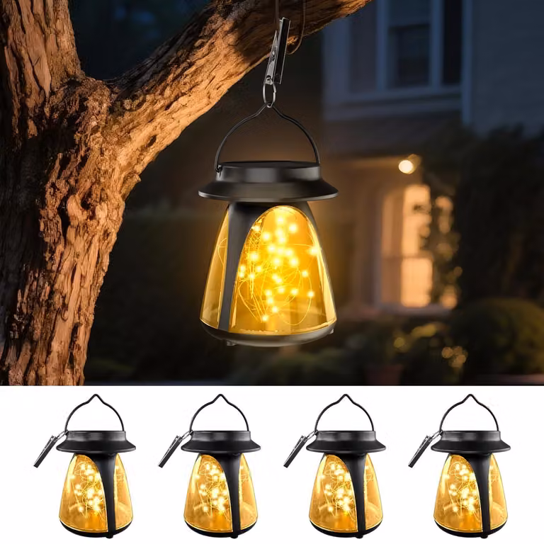 Set di 4 lampade solari da esterno, da appendere, luce bianco caldo, grado di protezione IP65, tecnologia LED