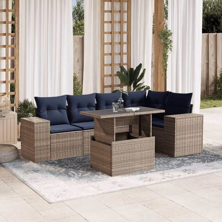 Set di divani da giardino vidaXL in polyrattan grigio con cuscini, tavolino e moduli componibili a L per esterno